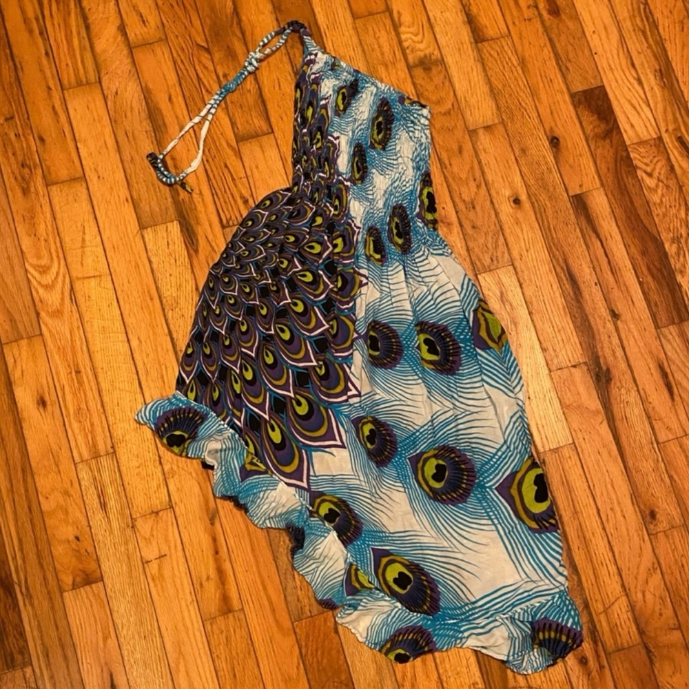 Fab Vibrant Peacock Print Hi Lo Maxi Dress Strapless Convertible Dress One Size - Picture 2 of 5